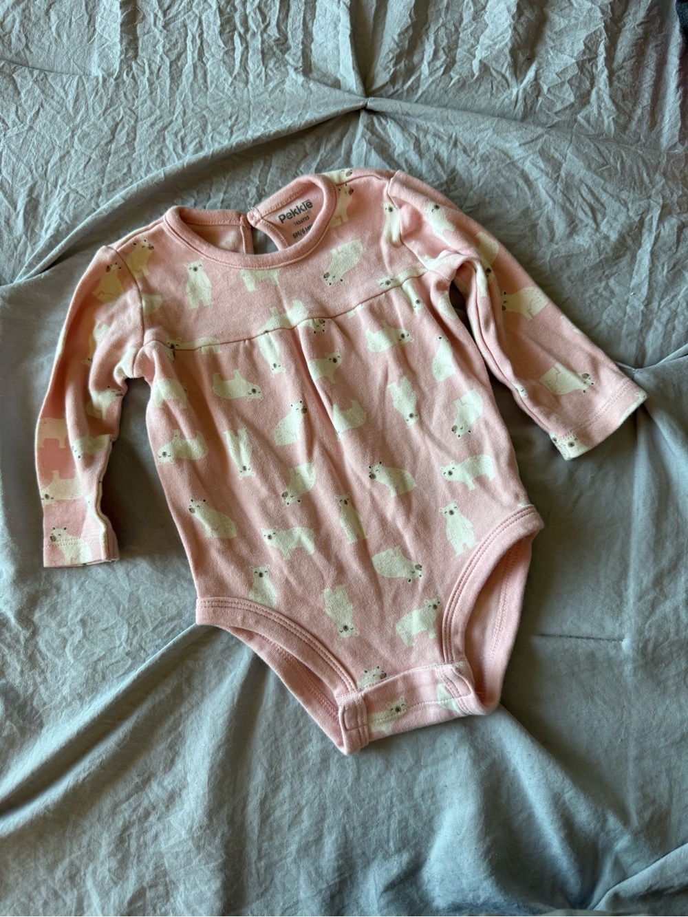 Pekkle Pink Polar Bear Print Long-Sleeve One-Piece